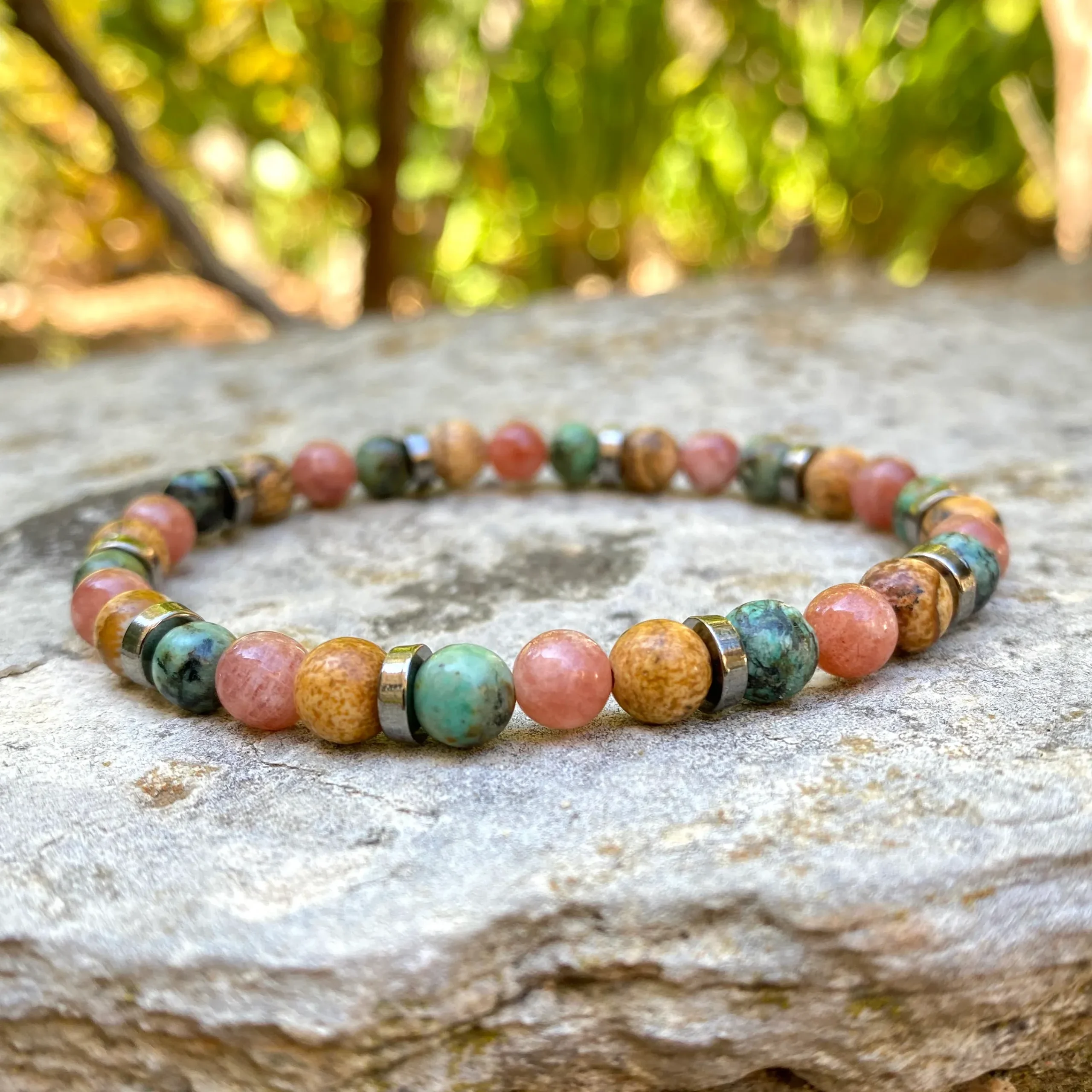 Bracelet « Optimisme » Pierre de Soleil, Jaspe Paysage, Turquoise d'Afrique