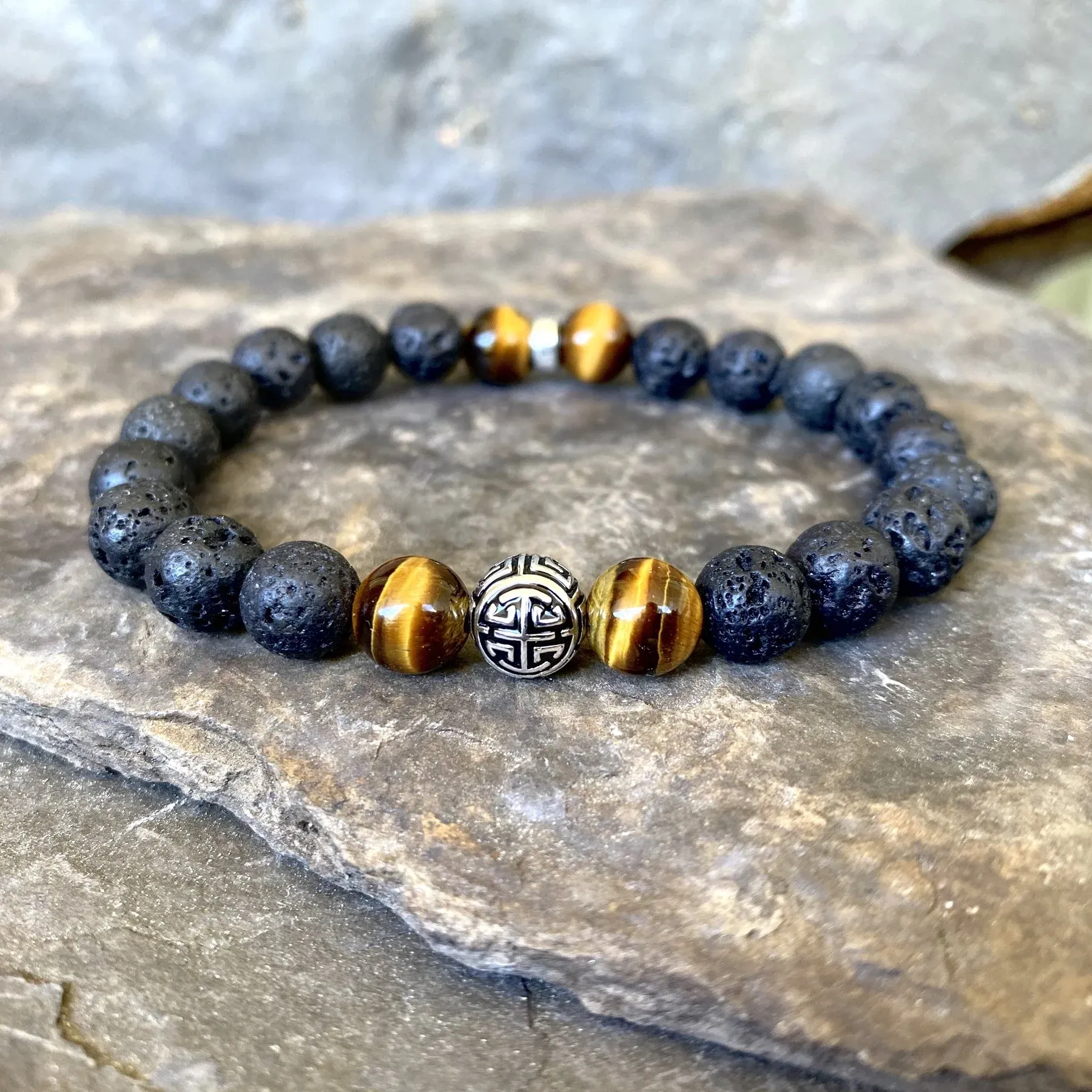 Bracelet Chance « Force » Pierre de Lave & Oeil de Tigre - 8 mm