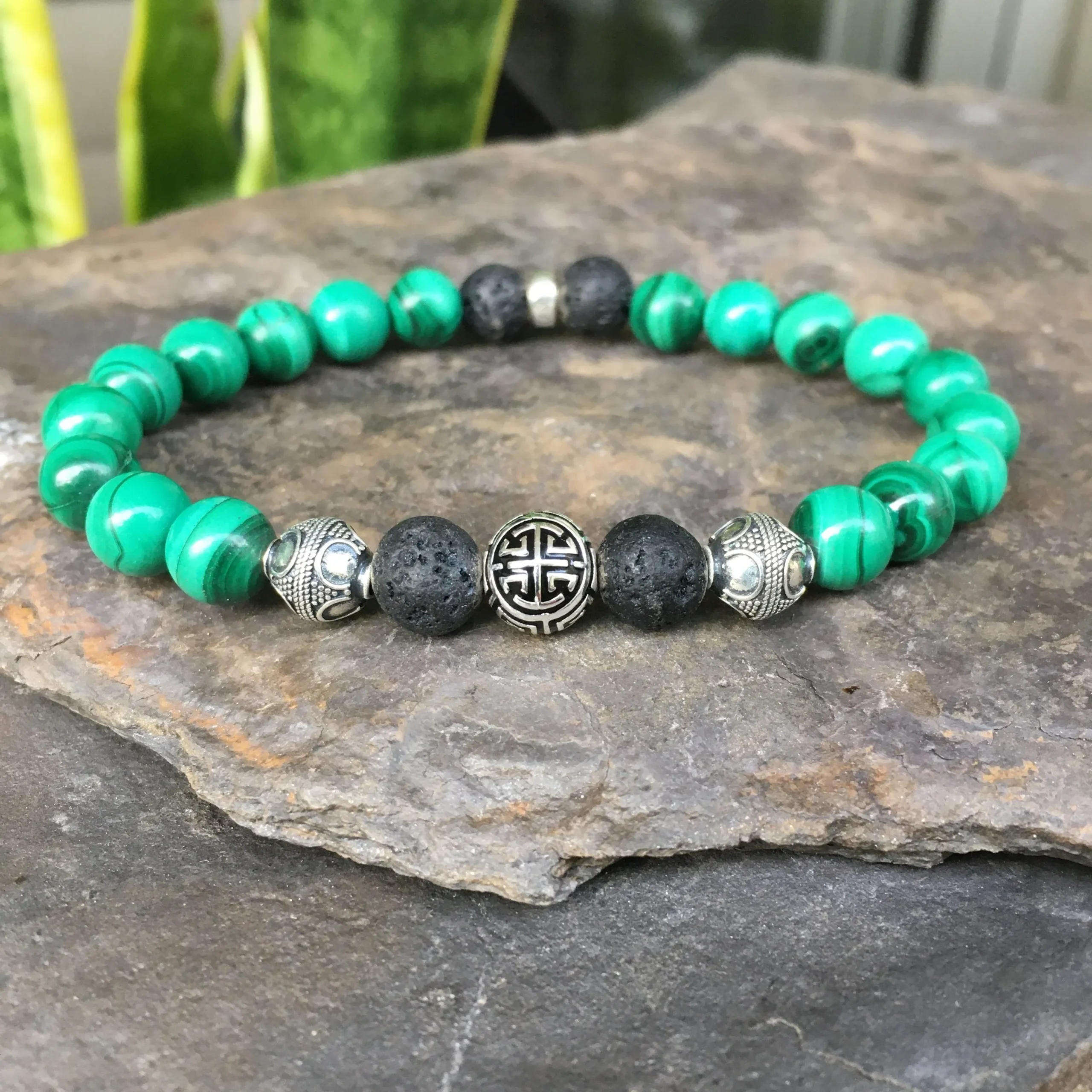 Bracelet Luxe « Guérison » Malachite et Lave - Argent 925 - 8 mm