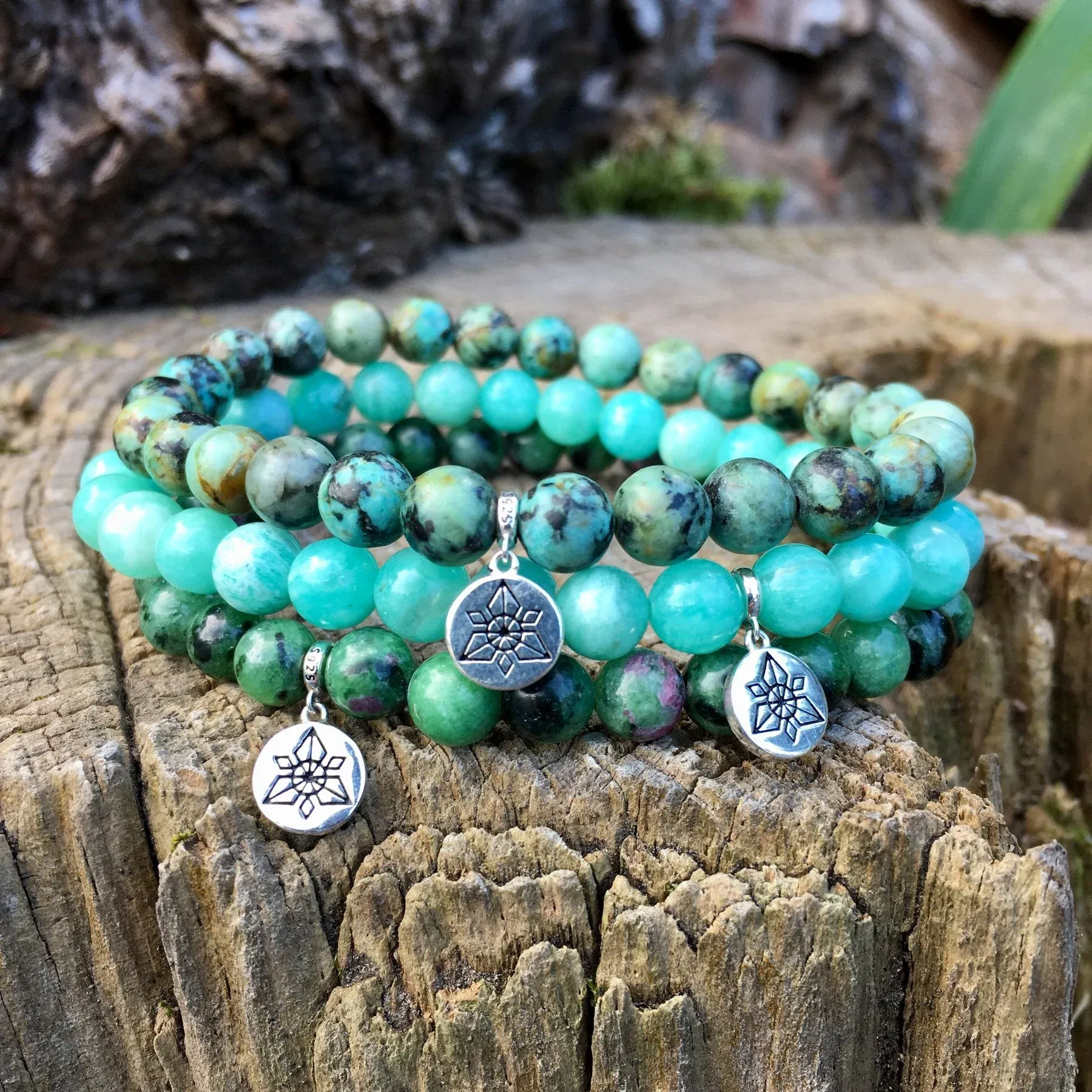 Bracelet triple « Nouvelle vie » Amazonite, Turquoise d'Afrique, Zoïsite - 6 mm