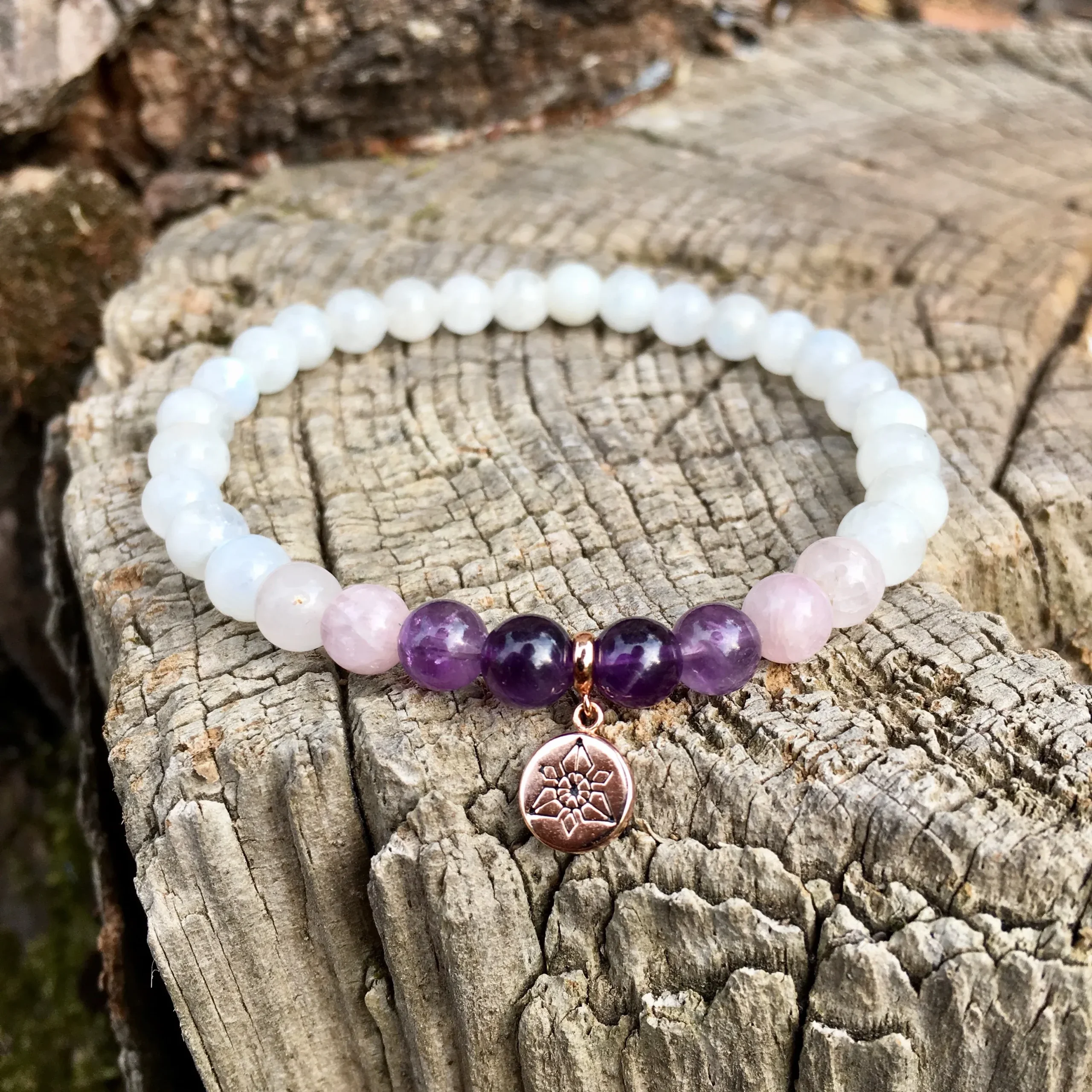 Bracelet Nuance « Anti-Stress » Améthyste, Kunzite et Pierre de lune - Or Rose 18k - 6 mm