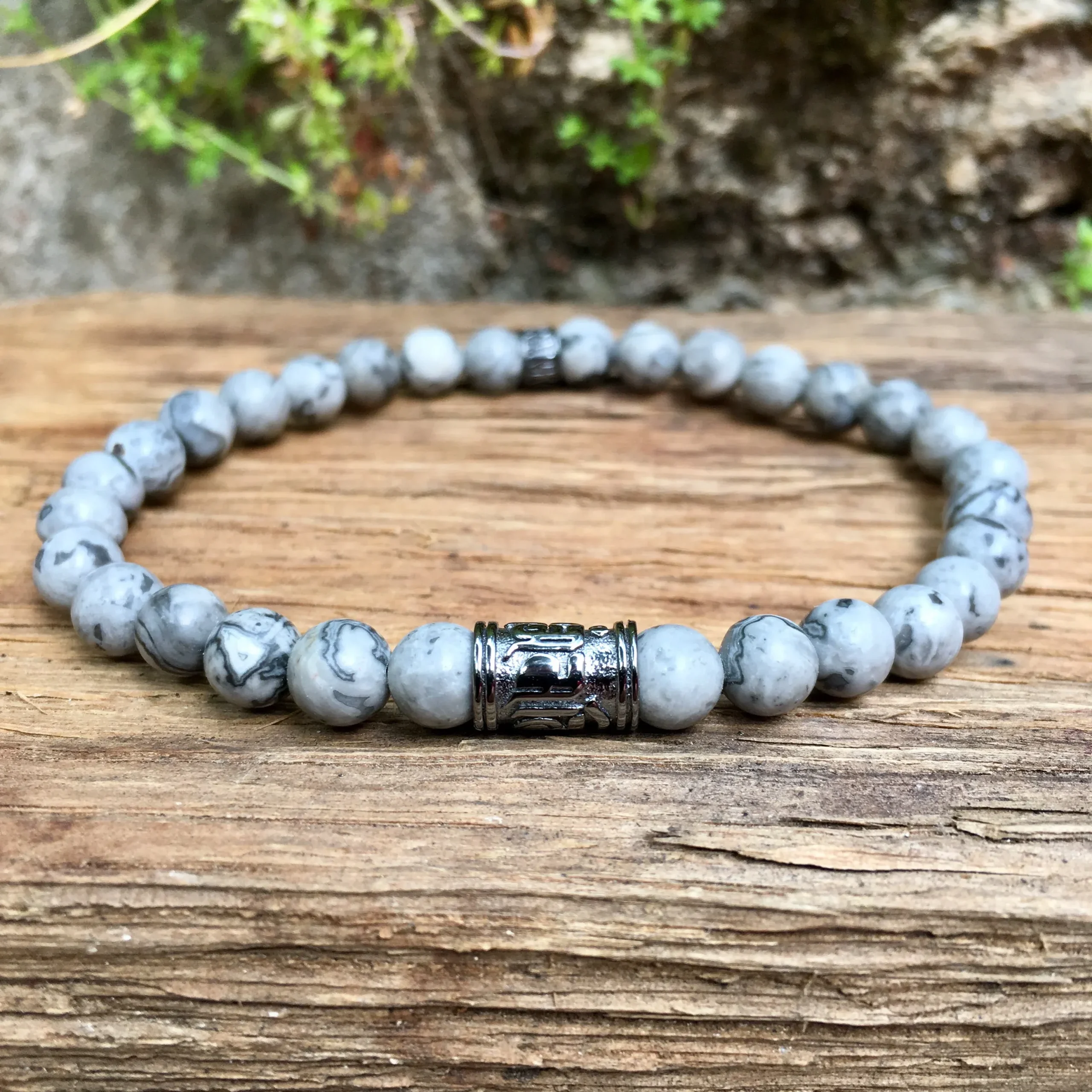 Bracelet Bouddhiste « Courage » Jaspe Gris - Argent 925 - 6mm